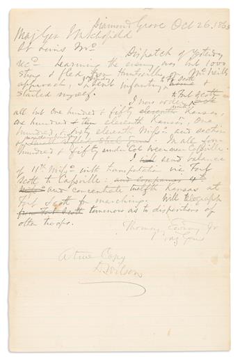 (CIVIL WAR.) EWING JR., THOMAS. Three Autograph Letters, one Signed, to Generals John McAllister Schofield or John McNeil, in pencil, r